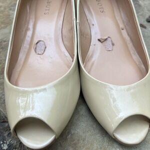 Talbots Beige Open Toe Peep Pumps 7.5B‎ Wedge Heel See Pics-inside Defect